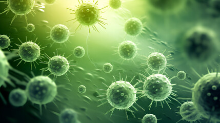 bacteria background. Microbiology, medicine scientific.green bacteria or virus, virus or germs for medical concept, viral disease epidemic,Microscopic Marvels: Mold Spores,Close-up of green cells.  - obrazy, fototapety, plakaty