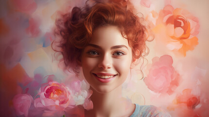 Portrait of a Young Smiling Woman Surrounded by Pink-Toned Flowers: Light, Radiant Composition for Banners, Backgrounds, and Illustrative Art