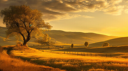 Naklejka premium Golden Sunset In Rolling Hills in Spring