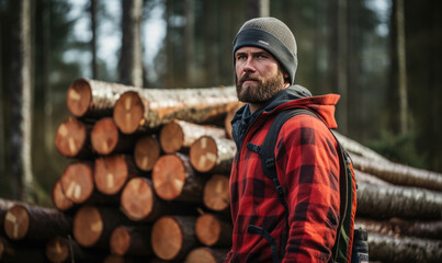 Lumberjack  standing in front of wood pile in forest. Logger man
