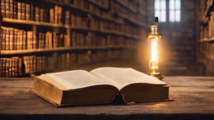 Old Book With Magic Lights And Bright Letters On Aged Table In Defocused Library