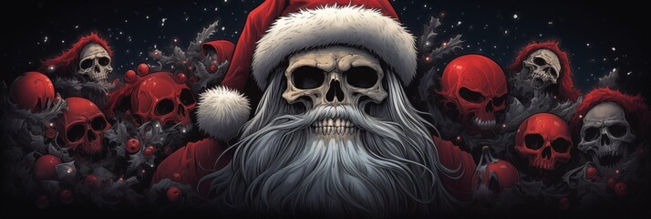 Illustration of a somber Santa Claus skull, and his red hat in center of the image. His expression , is a menacing appear rather. Surrounded by skulls, lending to the macabre and eerie ambiance. - obrazy, fototapety, plakaty