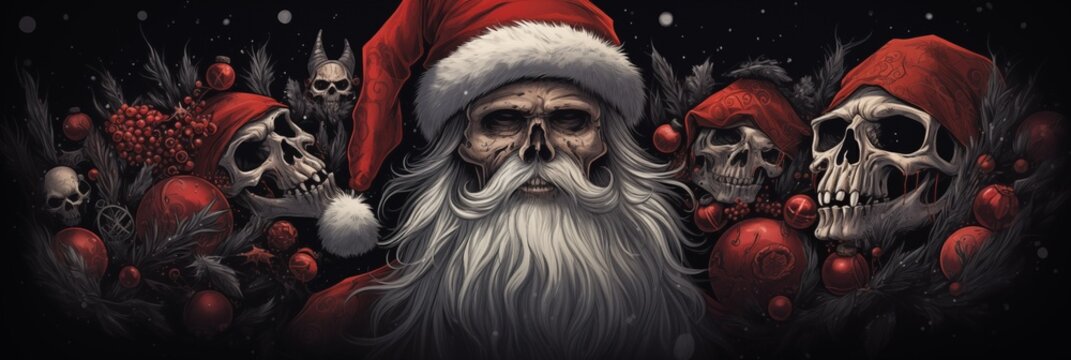 Illustration of a somber Santa Claus skull, and his red hat in center of the image. His expression , is a menacing appear rather. Surrounded by skulls, lending to the macabre and eerie ambiance.