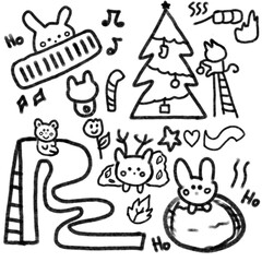 doodle, animals at Christmas, cat, rabbit, bear, reindeer, flower, tree, drawing, symbol