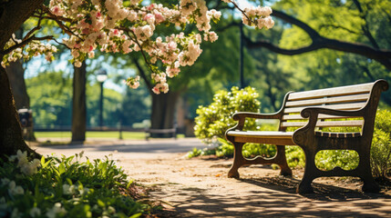 Peaceful Solitary Park Bench Under Blooming Cherry Blossoms in Spring