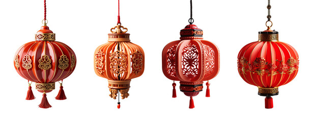 Chinese New Year lantern lamp decoration set with transparent background, generative ai