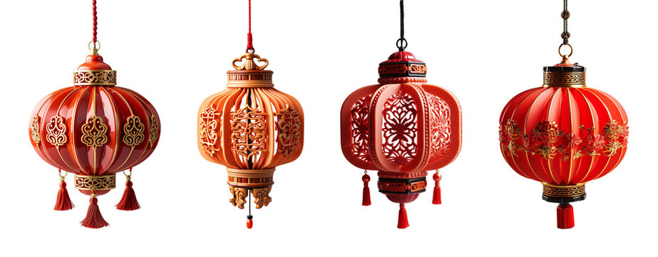 Chinese New Year lantern lamp decoration set with transparent background, generative ai