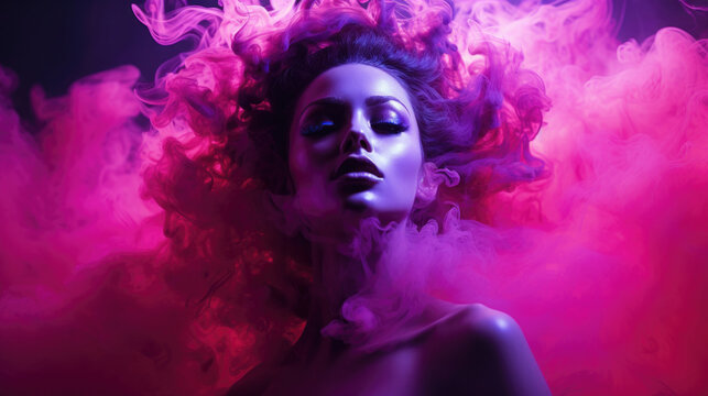 Portrait of a beautiful sensual woman in red and pink smoke