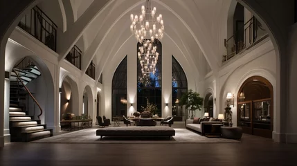 Photo sur Plexiglas Cathedral Cove A grand foyer with a high, vaulted ceiling featuring a large, modern chandelier and indirect cove lighting