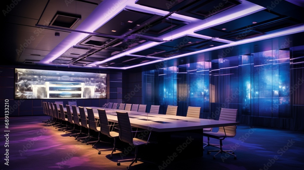 Poster a high-tech conference room with a modular ceiling grid system, integrating lighting, ventilation, a
