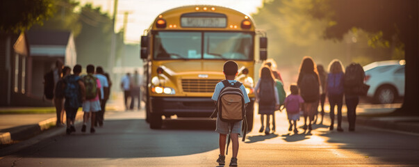 Children going to high school. School bus blured in background. View from behind. - obrazy, fototapety, plakaty