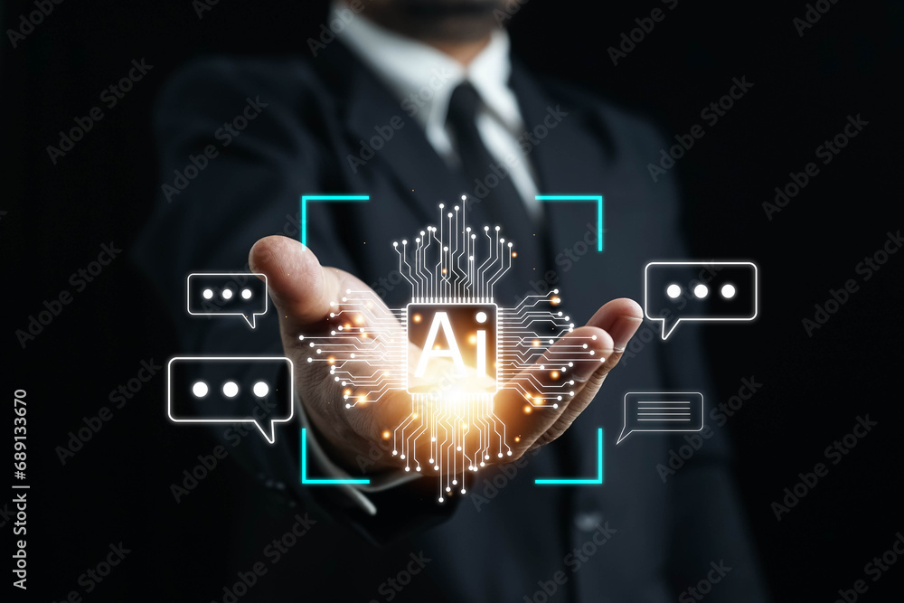 Fototapete ai technology, businessman show virtual graphic global internet connect chat with ai, artificial int