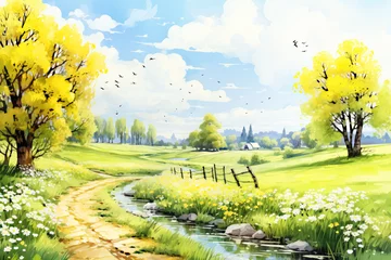 Zelfklevend Fotobehang Watercolor Countryside Spring Landscape Painting Background © ChinnishaArts
