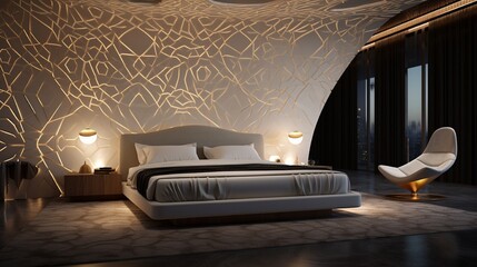 A luxurious bedroom featuring a ceiling with an intricate geometric pattern in white and gold, illuminated by hidden LED lights