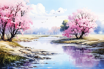 Watercolor Countryside Spring Landscape Painting Background