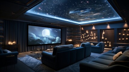 A luxurious home theater with a starlight ceiling design, featuring small LED lights for a starry night effect