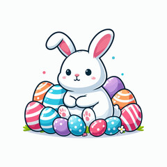 Easter day with cartoon cute happy bunny holding colorful egg or bouquet laughing Decoration easter