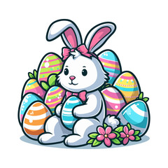 Easter day with cartoon cute happy bunny holding colorful egg or bouquet laughing Decoration easter