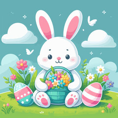 Happy Easter Day with eggs and rabbit background. Vector art illustration.