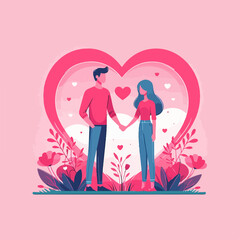 Couple holding hand of each other pink heart and love at background, valentine romantic background vector illustration