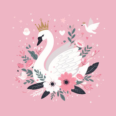 valentine swan princess with crown vector illustration