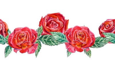 Seamless border with red roses. Watercolor illustration isolated on white background. Valentines Day greeting cards, wedding invitations, banners.