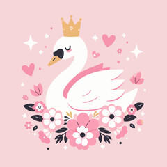 valentine swan princess with crown vector illustration