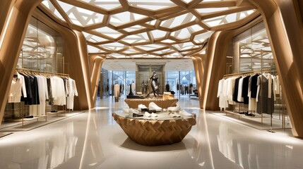 A luxury retail store with a geometric-patterned ceiling, combining wood and glass elements for a sophisticated ambiance