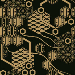 traditional Japanese hexagon pattern oriental style with waves texture in black and gold. Vector seamless pattern design for textile, fashion, paper, packaging and branding. 