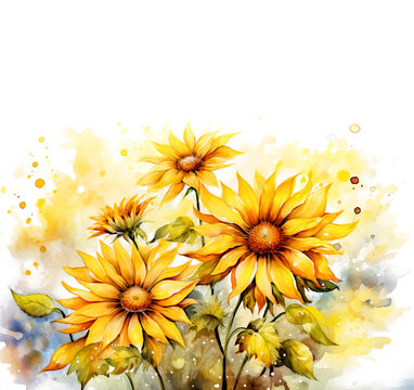 Watercolor Sunflower Background with Copy Space