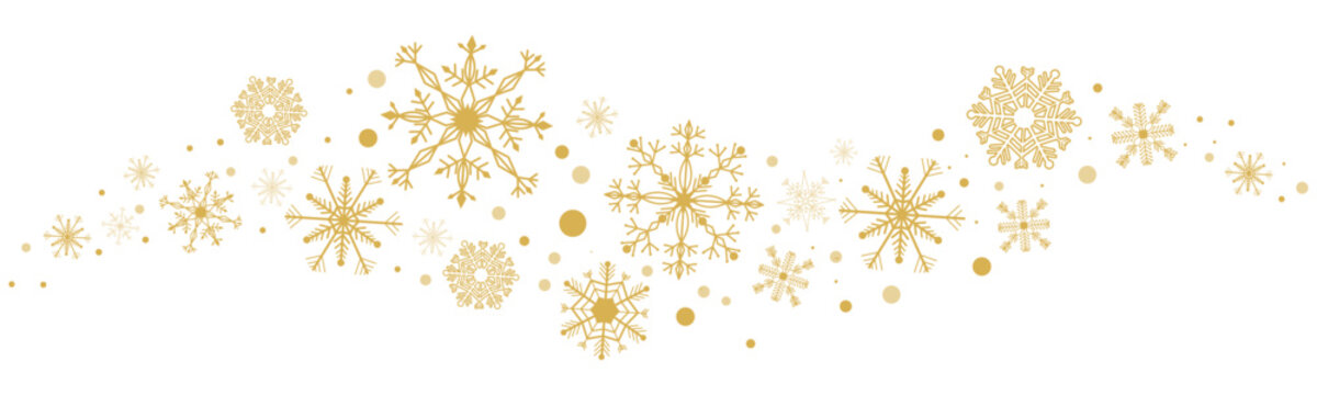 Wave golden snowflake swirl winter snow border ice decoration isolated on white background. Holiday crystal curve shape design, magic ornament