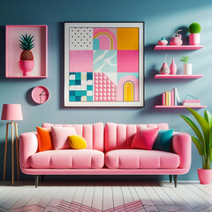 minimalist home interior design of modern living room,pink sofa, recliner chair. Generative ai