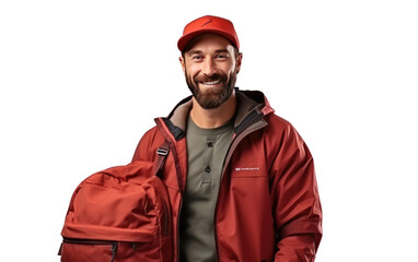 Red Suited Postman With Bag And Cap Isolated on a Transparent Background PNG.