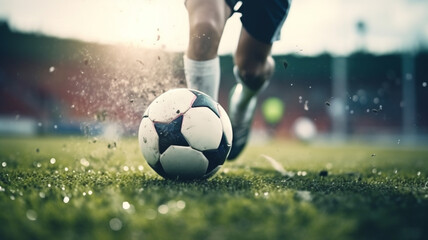 An action image of a soccer player kicking a soccer ball in the stadium - Powered by Adobe