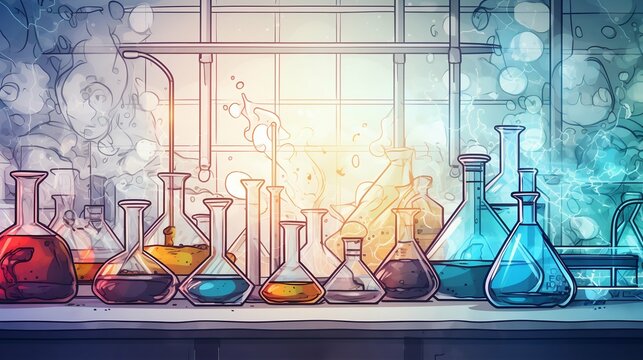 Vibrant Chemistry: Lab Flasks with Colorful Solutions. Generative ai