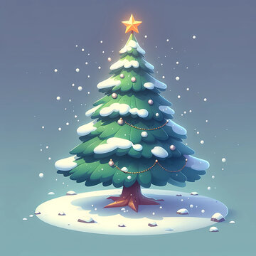 christmas tree with snow cartoon style