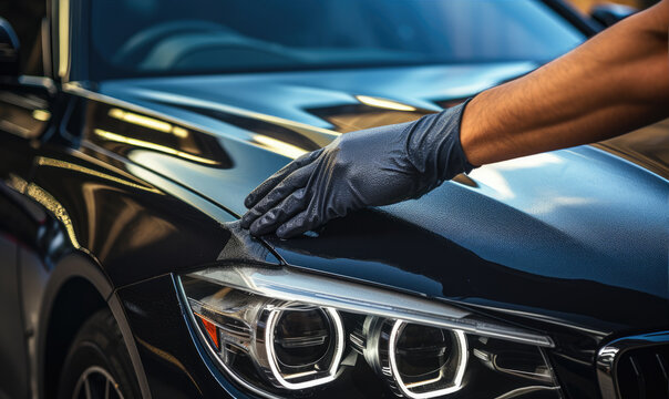 A man cleaning or polish luxury car with microfiber cloth, Car clean concept.
