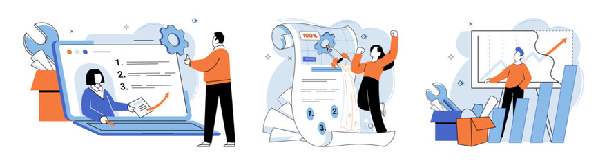 Business development. Vector illustration. Business Concept illustrations simplify complex concepts Men and women actively engage in various business activities Collaboration within diverse groups