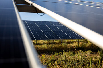 Closeup of solar panels at a sunny day on a field in Germany