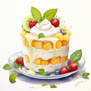 recommend clip art: Watercolor fruit cake with cream. Food clipart