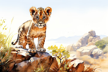 Watercolor Cute African Lion Cub in Savannah Painting Background - obrazy, fototapety, plakaty