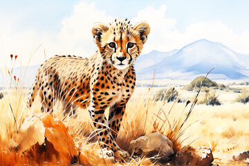 Watercolor Cute Cheetah Cub in African Savannah Background - obrazy, fototapety, plakaty