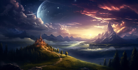otherworldly landscape twilight stars in the sky, landscape with mountains and clouds