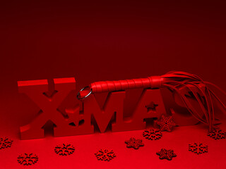 New Year 2024 red background with BDSM stack. Sexual game