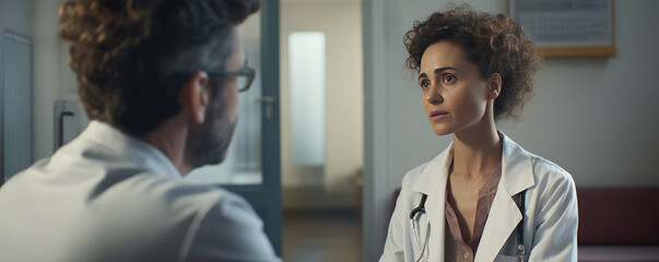 Fototapeta premium Doctor talking to woman patient at hospital clinic.