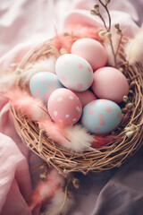 Vertical Creative Easter holiday card, invitation or banner. Pastel colored eggs, spring Easter tradition, copy space.