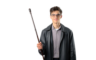Young Blind Man With Glasses Holding Long Cane Isolated on a Transparent Background PNG.