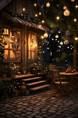 Fototapeta na wymiar cozy wooden cottage in the evening with Christmas decorations