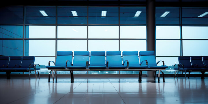 Empty airport seats in row in the waiting lounge room of an airport. VIP waiting area, business class, modern airport interior.