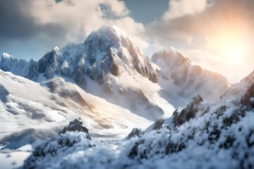 Fototapeta na wymiar closeup view 3d,the moun tain in england and snow fall on the cloud,sun light reflect and ice berd.